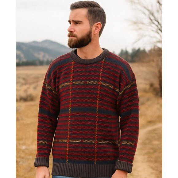 Eddie Bauer Chunky Knit Sweater Men's Sz L VTG 90s Colorful Plaid Textured Knit - Picture 1 of 12